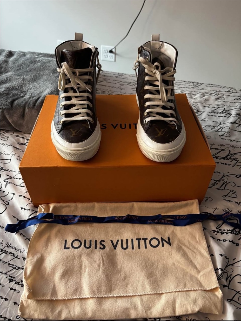 Louis Vuitton Brown Monogram High-Top Sneakers with Cream Soles
